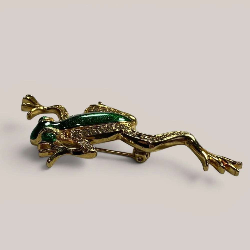 Vintage Frog Brooch‎ Green Enamel Rhinestone Gold Tone Frog Pin Figural Jewelry